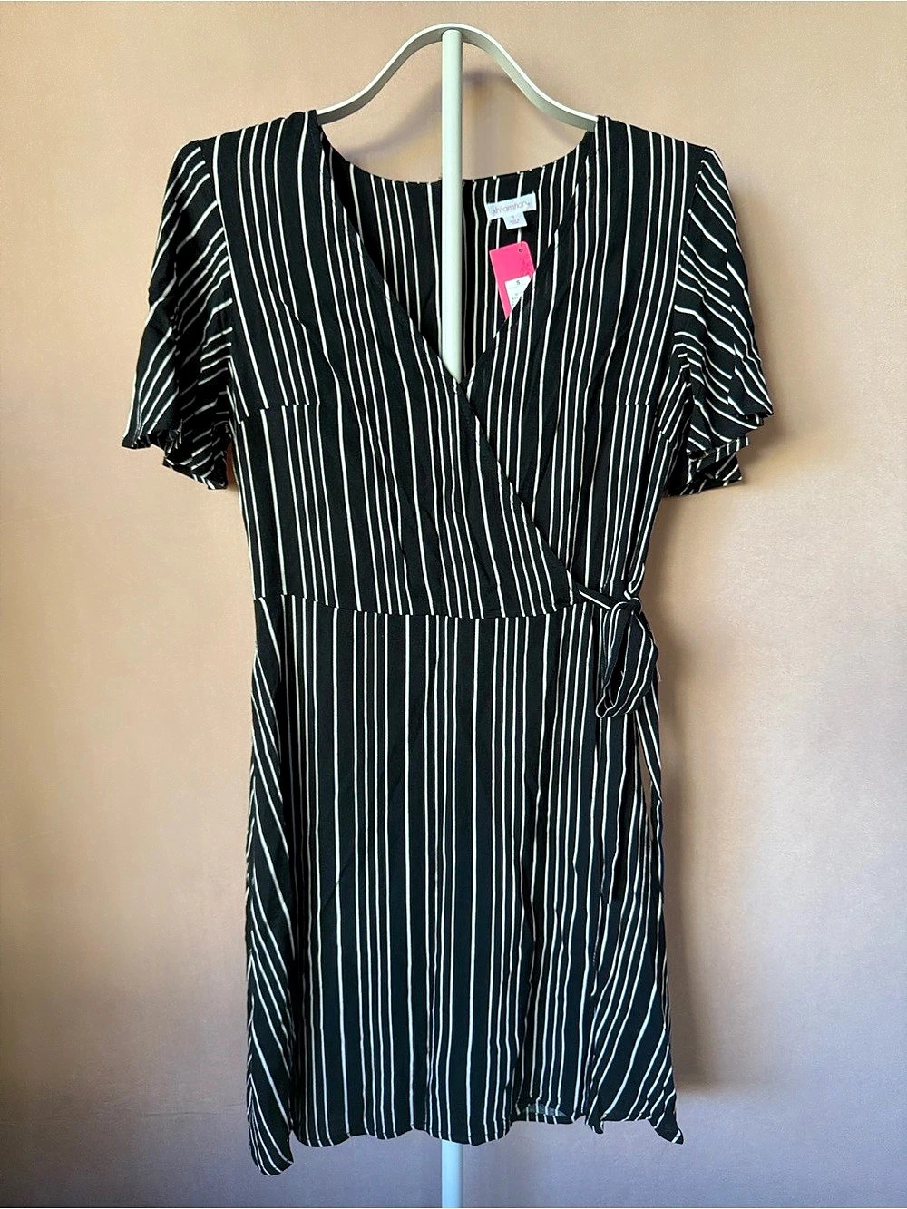 Xhiliration Striped Wrap Mini Dress in Black & White Size Small NWT